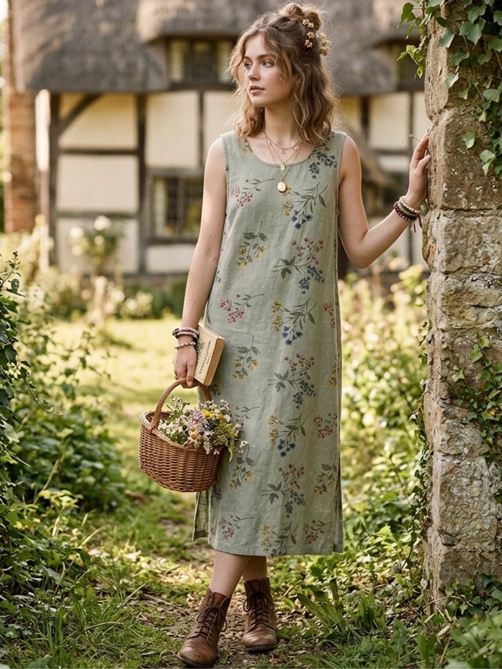 Original TY Wear Midi Dress Jumper Sleeveless Floral Sage Green Linen, Size 14